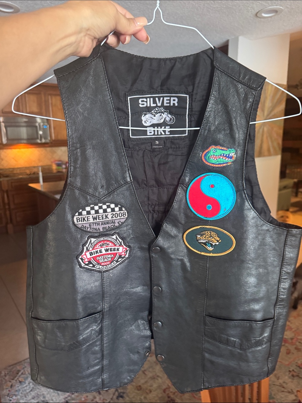 Silver bike biker Black Leather Vest Patches small daytona honda